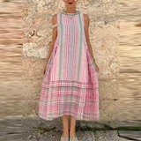 Bonnyshow  Summer Elegant O-neck Big Hem Pullover Dress 2024 Vintage Striped Print Long Dress Women Casual Sleeveless Loose Halter Dress