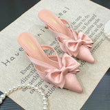 Bonnyshow  Bow Heeled Slippers Women's Pointed Toe Sandals Elegant Mules Shoes 2025 Summer Party Pumps Flip Flops Dress Sandalias De Mujer