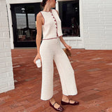 Bonnyshow  Casual Pants Set Women Contrast Knitted Vest 2piece Set Round Neck Sleeveless Waistcoat Cardigan High-waisted Trousers Summer