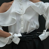 Bonnyshow spring French design fashionable halter top ruffled round neck off-shoulder long-sleeved high-end white shirt