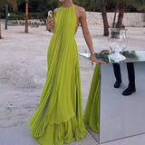 Bonnyshow  Ladies O-neck Sleeveless Long Top and Skirt 2pc Set Spring Summer Hollow Out Backless Beach Suit Fashion Pleated Holiday Outfits