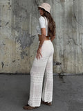 Bonnyshow  Summer Sexy White Knitted Hollow Out Long Wide Pants Retro Lace Up High Waist Slim Fit Loose Trousers Lady Commute Streetwear