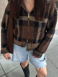 Bonnyshow  Vintage Plaid Zipper Sweater Coat Women Elegant Knitted Thick Brown Sweaters With Pockets Female Versatile Street Daily Outwear