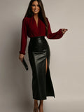 Bonnyshow  Vintage Split PU Leather Skirts Women Loose Commuter High Waist Hip Package Female Skirts 2025 Early Spring Lady Streetwears