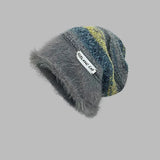 Bonnyshow Retro Stripe Knit Beanies Cap for Women Warm Fluffy Fur Baggy Hat Y2K Korean Girls Woolen Slouchy Ski Caps Bonnet