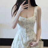 Bonnyshow  Two-Piece Floral Suspender Dress Slim Leggings For Women Summer New Holiday Dress French Princess Short Party Dresses