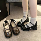 Bonnyshow  Women Loafers Retro Brown Mary Jane Shoes Women Pu Leather Thick Heels Lolita Shoes Woman Uniform Pumps Ankle Buckle Shoes