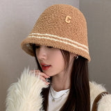 Bonnyshow Winter Lamb Fleece Bucket Hat Women Solid Color Letter Fisherman Cap Korean Wide-brim Windproof Dome Plush Hats