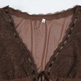 Bonnyshow  y2k Brown Mesh Spliced Lace Cardigan Women Lace-Up flared Sleeve Rufed T-Shirt Aesthetic Transparent Top summer Clothes
