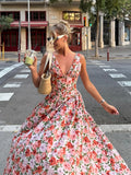 Bonnyshow  Elegant Flower Print Long Dress For Women Fashion V-neck Sleeveless High Waist A-line Maxi Dress Lady 2025 Summer Beach Robes