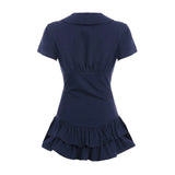 Bonnyshow  Preppy Style Women Layered Mini Dress Turndown Collar Buttons Short Sleeve Shirt Dresses Casual Dark Blue Streetwear
