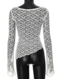 Bonnyshow Sheer Lace Asymmetric Top Women Crew Neck Flare Long Sleeve Slim Solid Sexy See Through T-shirt Autumn New Tees