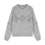 Bonnyshow Spring New O-neck Diamond Sequins Casual Cashmere Long-sleeved Sweater Women + High Waist Striped Knit Skirt Two-piece Suit