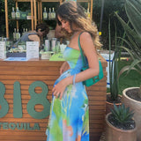 Bonnyshow Bandage Printed Backless Beach Dress Female Summer Casual Sexy Halter Pleated Dress Holiday Clothes Women Bodycon Dress