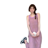 Bonnyshow  Striped Vest Knit Dress Women Elegant Solid Knitted Backless Slim Long Dress Sexy Sleeveless Dresses Summer Lady Party