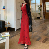 Bonnyshow Summer New Korean V-neck Floral Print Elegant Sling Dress Women + Lace-up Casual Knit Long-sleeved Cardigan Two-piece Suit