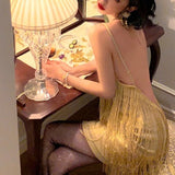 Bonnyshow  Spring and Summer 2025 Retro Sexy Tassel Suspender Halter Dress Skirt Party Style Women's Short Dress