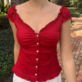 Bonnyshow  Preppy Button Down Blouse Tops Y2k Vintage Cap Sleeve Women T-shirt 00s Fairy Frill V Neck Crop Tops Milkmaid Vest