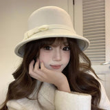 Bonnyshow Elegant Felt Fedora Hat for Women Autumn Winter Warm Woolen Bucket Cap Vintage Solid Color Lady Dome Jazz Caps