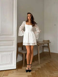 Bonnyshow  Sweet White Flare Sleeve Square Neck Lace Puffy Mini Dress Sexy See Through A-E Patchwork Vestidos New Women Party Club Gown