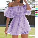 Bonnyshow New Check Sexy High Waist One Shoulder Fashion Short Dress for European and American Women Summer Bubble Sleeves