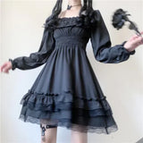 Bonnyshow Japanese Lolita Style Women Princess Black Mini Dress Slash Neck High Waist Gothic Dress Puff Sleeve Lace Ruffles Party Dresses