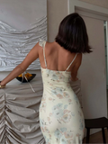 Bonnyshow  Women Sexy Skinny Flower Print Midi Dress Chic Backless Ruffled V Neck Sling Vestidos 2025 Summer Lady Vacation Elegant Sundress