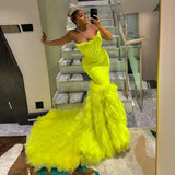 Bonnyshow Striking Neon Yellow Mermaid Evening Dresses With Big Volume Tulle Bottom Aso Ebi Stylished Long Prom gowns Bridal Dress