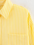Bonnyshow  Women Oversize Yellow Striped Shirt Front Patch Pocket Long Sleeve Lapel Collar Streetwear Blouse Loose Lady Shirts