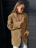 Bonnyshow Vintage Suede Women's Jacket Solid Color Casual Loose Jackets Autumn Retro Lapel Women Coat New Fashion Ladies Coats Outerwear