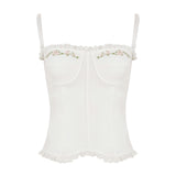 Bonnyshow  Floral Embroidery Summer Camisole Backless Slim Sexy Hottie Casual Sleeveless Crop Tops Basic Streetwear Clothings