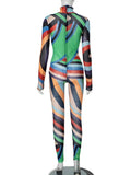 Bonnyshow Autumn Colorful Striped Print Mesh Jumpsuits Women Sexy See Through Turtleneck Long Sleeve Skinny Club Party Romper Overall