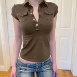 Bonnyshow  Y2k Streetwear Solid Blouse for Women Zipper Pocket Button Turn-down Collar Short Sleeve T Shirt Korean Summer Clothing