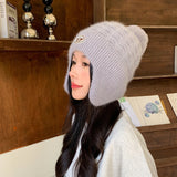 Bonnyshow Winter Knit Wool Ear Protection Hats for Women Warm Thicken Plush Lining Beanie Cap with Earflap Outdoor Female Earmuff Hats