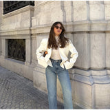 Bonnyshow  Elegant Covered Button Short Women's Jacket Solid V-neck Full Sleeve Pockets Coats Female 2025 Spring Autumn Lady Streetwears