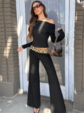 Bonnyshow Leopard Print Fold Over Flare Pants Two Piece Set Women Long Sleeve Crop Top Trousers Slim Outfit Hottie Streetwear