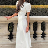 Bonnyshow  Women Elegant Skirt Suit White V-neck Puff Sleeve T-shirt and Long Skirt Casual Two Piece Set High Street Office Wear
