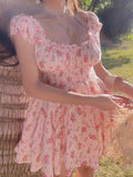 Bonnyshow  Sweet Women Pink Floral Print Mini Dress Sexy Off Shoulder Short Sleeve Elastic Waist Holiday Party Dress Summer Robe