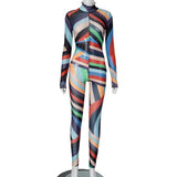 Bonnyshow Autumn Colorful Striped Print Mesh Jumpsuits Women Sexy See Through Turtleneck Long Sleeve Skinny Club Party Romper Overall