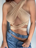 Bonnyshow Women Strappy Cross Over Front Cut Out Halter Neck Sleeveless Backless Wrap Crop Top Bandage Vest Summer Sexy Tops Woman Clothes