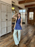 Bonnyshow  French Blue Floral Neck Sling Women'S Fashion Backless V-Neck Vacation Leisure Mid Length Hanging Neck Dress New