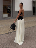 Bonnyshow  Patchwork Contrast Women' Dresses Elegant O-neck Backless Sleeveless Waist Cinching Maxi Dress Female Summer Lady Party Vestidos