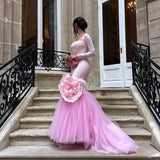 Bonnyshow Eye Catching Pink Mermaid Evening Dresses With 3D Flower Details Square Neckline Full Sleeves Long Formal Dress