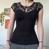 Bonnyshow  Hook Floral Lace Patchwork Top Black Sexy Cut Out Bow Decorate Short Sleeve T-shirt Elegant Slimming Clothes Summer