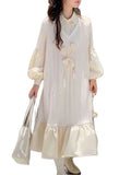 Bonnyshow Girl Style Sweet Cute Beige Dress Fake Two-piece Loose Long-sleeved Pleated Hem Long Shirt Japanese Knitted Dress for Women