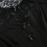 Bonnyshow  Hook Floral Lace Patchwork Top Black Sexy Cut Out Bow Decorate Short Sleeve T-shirt Elegant Slimming Clothes Summer