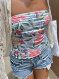 Bonnyshow  Elegant Lace Off-Shoulder Blouse Sleeveless Ruffle Trim Women s Crop Top for Date Night or Beach Vacation Outfit
