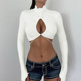 Bonnyshow Women T-shirt New Autumn Sexy Hollow Out Solid Cropped Top Streetwear Fashion Long Sleeves Casual Slim Female Turtleneck T-shirt