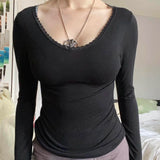 Bonnyshow  2000s Graphic T Shirt Vintage Fairy Grunge Women Fall Elegant Lace Trim Harajuku y2k Long Sleeve Basic Slim Fit T Shirts