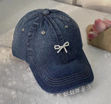 Bonnyshow Denim Pearl Bow Kont Beret Cap Korean Vintage Y2k Lace Hat Summer Designer Female Thin Denim Beach Travel Sunscreen Painter Cap